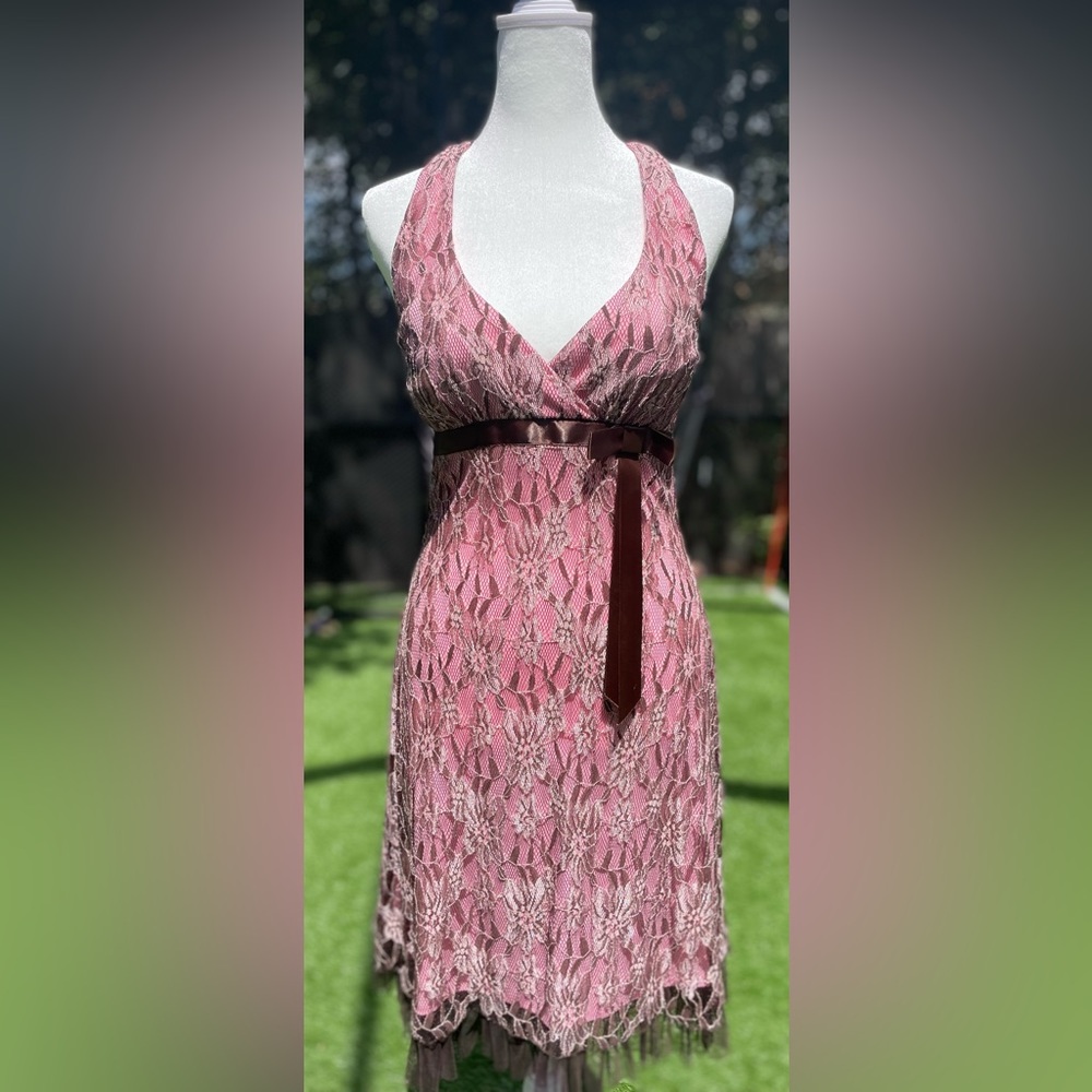 Pink and Brown Lace Floral Halter Dress. Rampage. Size 5.